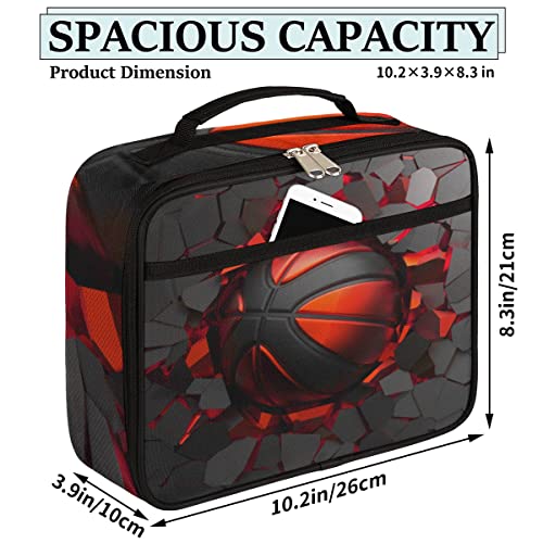 Kids Lunch Box for Boys Girls Black Red Sport Basketball Insulated Lunch Bag Reusable Small Cooler Bag Meal Containers Tote Kit for School Travel Women Men - color: red black basketball