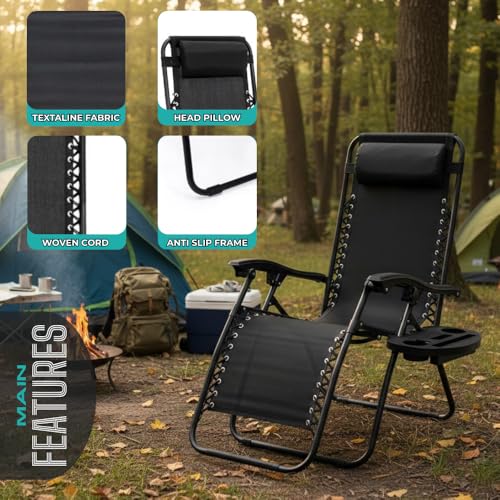Zero Gravity Lounge Chair Adjustable Outdoor Reclining Chair Folding Patio Anti-Gravity Indoor Outdoor Lounge Chair w/Pillow, Cup Holder (One Chair - Black) - color: One Chair - Black