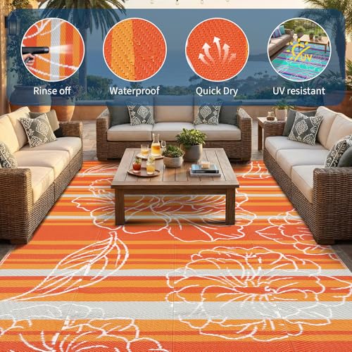 Garvee 5x8 Outdoor Waterproof Rug, Floral Outdoor Area Rug，Reversible Plastic Straw Patio Rug, Portable Camping Mat for RV, Picnic, Beach, Balcony, Garden & Camping Orange - color: Orange, size: 5' x 8' (Rectangular)