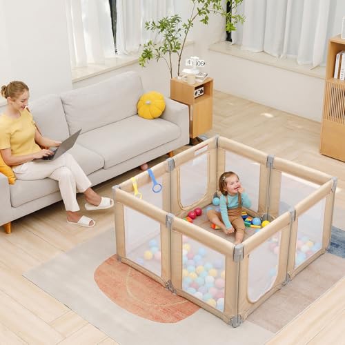 Dripex Small Foldable Baby Playpen, 49"x47" Small Space Play Yard for Travel - Portable Collapsible Play Pen for Babies, Indoor Outdoor Baby Fence, Beige - color: Beige, size: 49"×47" Foldable