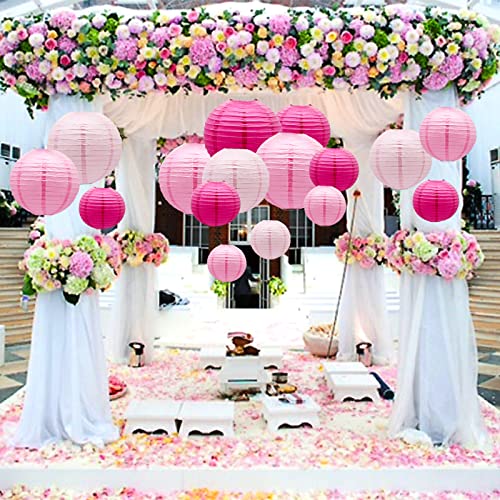 Pink Paper Lanterns Decorative, Hanging Round Paper Lanterns Indoor Outdoor for Valentines Day Decorations Graduation Wedding Birthday Baby Showers Tea Party Decorations, 21pcs - color: Pink