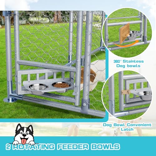 7.5ft×7.5ft Outdoor Large Dogs Kennels Enclosure - Outside Dog Cage with Waterproof roof Cover, Galvanized Steel Dogs House Fence Playpen with Rotating Feeders for Patio Backyard Farm Gardens - size: 90"D×90"W×63"H- w/rotating feeders