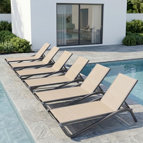 Patio Chaise Lounge Chairs Set of 6, All-Weather Aluminum Pool Loungers for Outside, 5-Position Adjustable Sunbathing Chairs for Tanning, Stackable for Backyard, Poolside, Beige - color: Beige, size: Set of 6