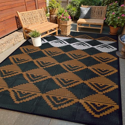 Lahome Outdoor Rugs 8x10 Waterproof, Reversible Plastic Large Outdoor Rug for Patios, Outside RV Mat Carpet for Patio Deck Porch Backyard Balcony Picnic Trailer (Black/Brown, 8' x 10') - color: Black/Brown/Checkered, size: 8'x10'