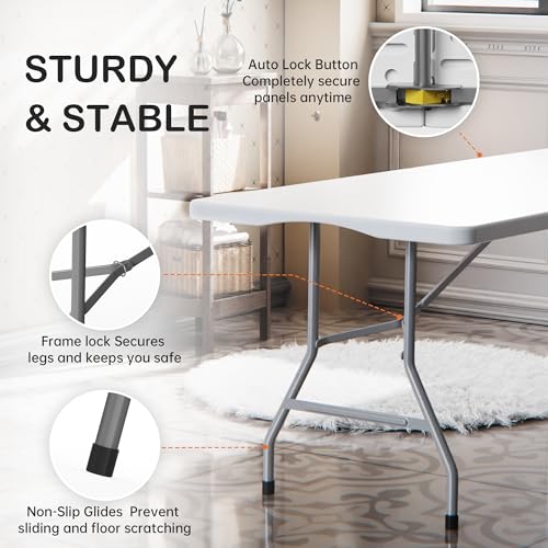 VSOAEIL Set of 2 6 Foot Folding Table for Indoor Outdoor, Portable Heavy Duty Fold-in-Half Utility Plastic Foldable Dining Table with Carrying Handle for Picnic, Camping and Party, 2 Pack White - color: White, size: 6 FT - 2 PACK