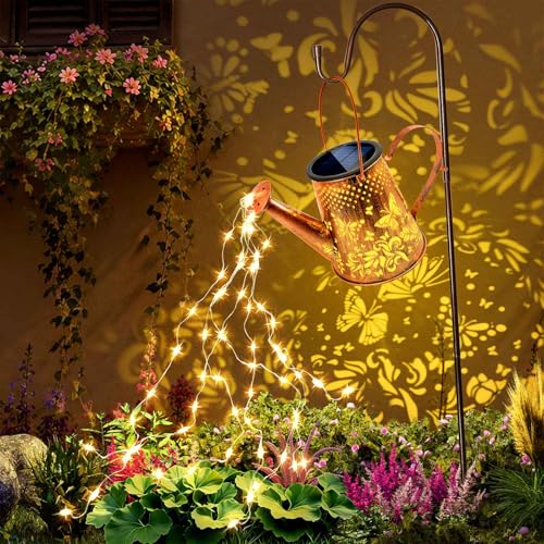 Anordsem Solar Watering Can Lights: Metal Butterfly Lantern Outdoor with Hook - Waterproof Garden Art Hanging Decoration for Yard Patio Lawn - Christmas Birthday Gifts for Women Mom Grandma - color: Butterfly-pattern