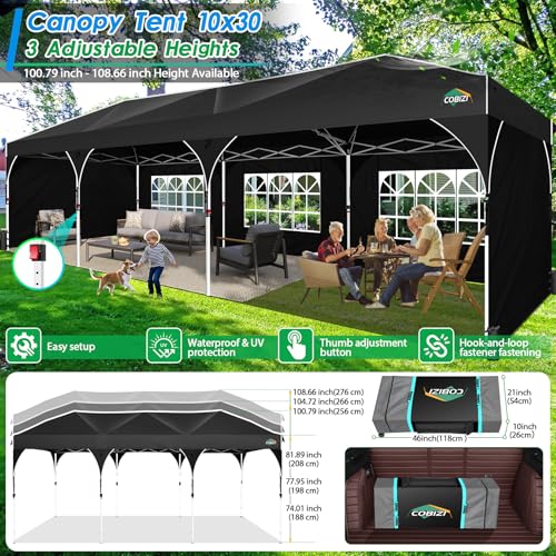 COBIZI 10x30 Pop Up Canopy Tent for Parties with 5 Sidewalls| Push Center Lock & Air Vent| Waterproof & UPF50+ |Gazebo Outdoor Tent for Party,Wedding,BBQ with 4 Sandbags, 8 Stakes & 16 Ropes,Black - color: Black, size: 10x30ft With 5 Sidewalls