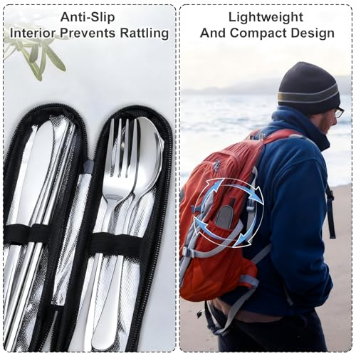 Reusable Travel Utensils Set with Case, Premium Stainless Steel Flatware, Portable Silverware for Lunch, Camping, Picnic, Travel Fork and Spoon Set, To Go Utensils, Dishwasher Safe (Silver) - color: Silver