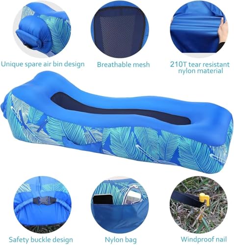 Inflatable Lounger Sofa Bed Blue Leaf Print 210T Tear Protective Nylon with Breathable Mesh Safety Buckle Windproof Nails for Beach Camping Outdoor