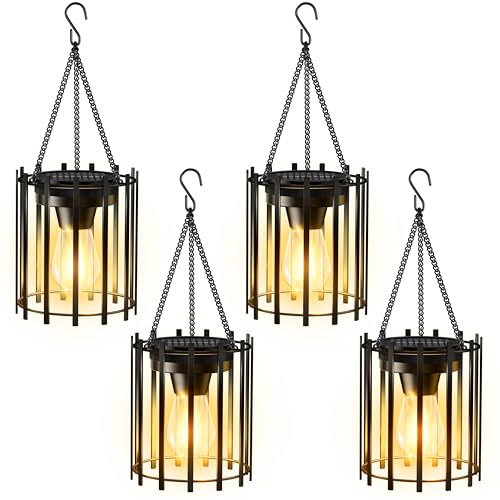 KOOPER Solar Lanterns Outdoor Waterproof, 4 Pack Upgraded Bright Hanging Solar Lights Outdoor Lanterns Decorative, Auto ON/Off Metal Hanging Lantern Lights for Pathway Yard Patio Garden Decor - size: 4 PACK