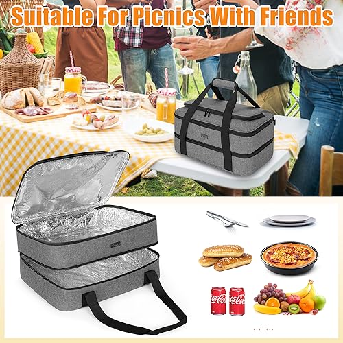 Trunab Casserole Carrier for Hot or Cold Food Insulated Casserole Dish Carrier Thermal Tote Bag for Picnic, Fits 9"×13" Baking Dish, 11 x 15 Foil Pans, Grey