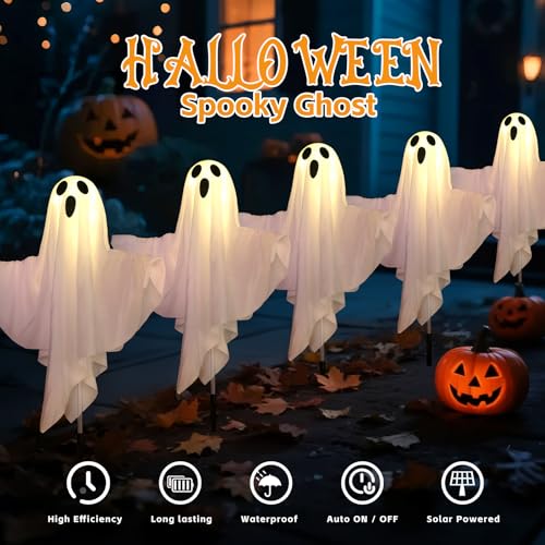Halloween Decorations Solar Halloween Ghost Lights - Outdoor Ground Stake Spooky Decorations Ghosts for Yard Lawn Patio Porch Holiday Decor (Set of 5)