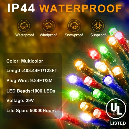 KNONEW 403FT 1000 LED Christmas Lights Outdoor String Lights 8 Modes & Timer Fairy Light Plug in Waterproof LED String Lights for Xmas Yard Tree Wedding Party Holiday Decorations (Multicolor) - color: Multicolor, size: 403FT 1000 LED Dark Green Wire