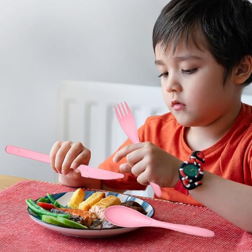 Reusable Travel Utensils Set with Case, 2 Sets Wheat Straw Portable Plastic Fork Spoons Knife Cutlery, Camping Eco-Friendly BPA Free Tableware for Kids Adults Work Picnic or Daily Use (Pink) - color: 2 Pink