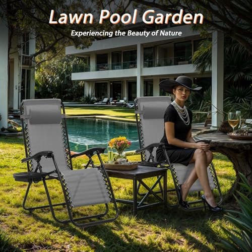 OS MOTOR Zero Gravity Chairs, Portable Folding Reclining Lounge Chairs with Adjustable Pillow and Cup Holder Trays for Outdoor, Patio, Beach, Camping, Garden, Poolside, Set of 2 Gray - color: Grey