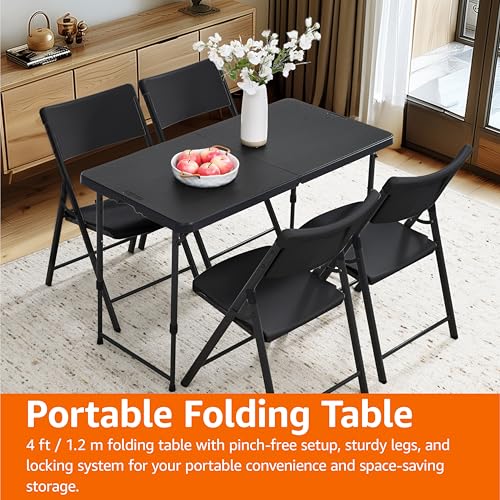 Amazon Basics Portable 4 Ft Rectangular Folding Dining Table, 4 Adjustable Height Settings, Space Saving Fold-in-Half Design and Carrying Handle, Indoor & Outdoor, Washed Black, 47.8 x 23.9 x 33.9 in - color: Washed Black