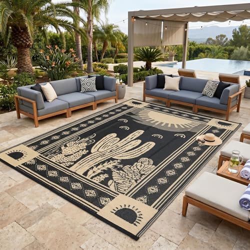 Garvee Reversible Cactus Outdoor Rug 8x10 for Patio, Waterproof Outdoor Area Rug, Modern Desert Botanical Indoor Outdoor Rugs, Plastic Straw Rug for RV, Camping, Deck, Black & Brown - color: Black & Brown-cactus, size: 8' x 10' (Rectangular)
