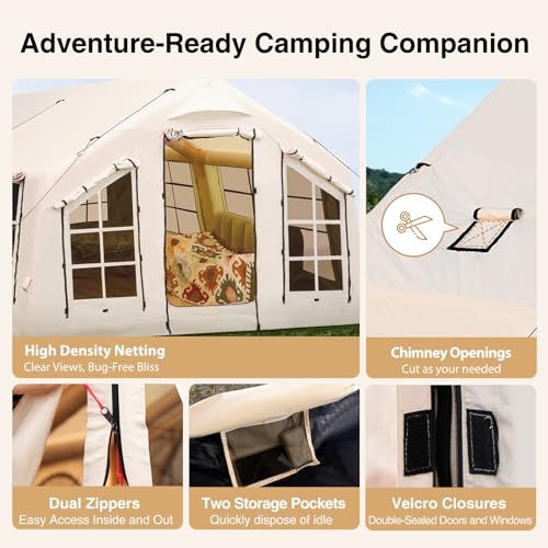 KNUO Inflatable Camping Tent, Large Blow-Up Air Tent, No Assembly Needed Luxury Glamping House, Oxford Fabric - color: Light Beige-Dual-layer Doors, size: 12x15ft