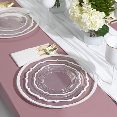 PLASTICPRO 32 Pack Elegant Disposable Plastic Plates Combo Set Includes 16 Dinner Plates and 16 Salad Plates Heavy Duty Fancy Party Plates Clear & White Contemporary Design - color: Clear & White Contemporary