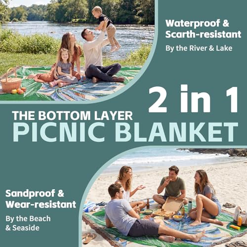 2 in 1 Extra Large Outdoor Picnic Blanket Camping Mat Lightweight Oversized Giant Turkish Boho Beach Mexican Serape Baja Cobijas Mexicanas para Mesa Park Stadium Outside Festival Grass Hammock - color: Boho Green