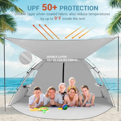 Elegear CumbreX™ Beach Tent Sun Shelter with Canopy, 6-8 Person Beach Tent, Easy Setup UPF 50+ UV Protection Portable Lightweight Double Silver Coating Cabana Sun Shade Shelter - Silver - color: Silver, size: 6-8 Person