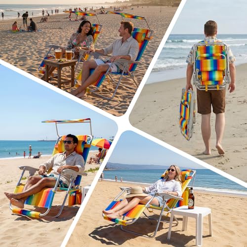 Lightweight Backpack Beach Chair for Adults, Patio Zero Gravity Chair with Canopy, Outdoor Adjustable Folding Reclining Lounge Chair with Cup Holder Pillow,Lawn Garden,Sand (Rainbow Stripe)