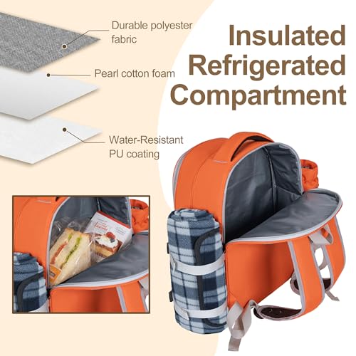 Picnic Backpack for 2 Persons with Insulated Leakproof Cooler Compartment, Cutlery Sets, Wine Holder, Fleece Blanket, Wedding Gifts for Couples, Perfect for Beach, Camping, Hiking, Orange - color: Orange, size: For 2 Persons