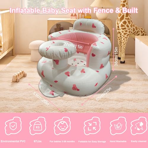 Inflatable Baby Seat for Babies 3-36 Months, Baby Chair with Fence & Built in Air Pump, Blow Up Floor Baby Seat with Back Support, Inflatable Baby Chair Sit Me Up for Home Pink Rabbit-Tray - color: Pink Rabbit-Tray
