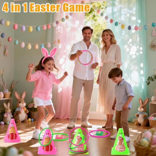 4 in 1 Easter Outdoor Games for Kids and Family, Easter Party Game with Ring Toss, Plastic Cones, Bean Bags, 3-Legged Race Bands, Carnival Spring Games Activities Combo Set for Adult Yard Classroom - color: Easter Green - Sticker