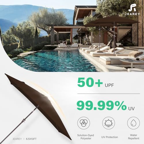 JEAREY 6.5x10 ft Rectangular Patio Umbrellas Rectangle Outdoor Umbrella with Push Button Tilt and Crank, Market Table Umbrella 6 Sturdy Ribs UV Protection for Poolside Garden Backyard Deck, Brown - color: Brown