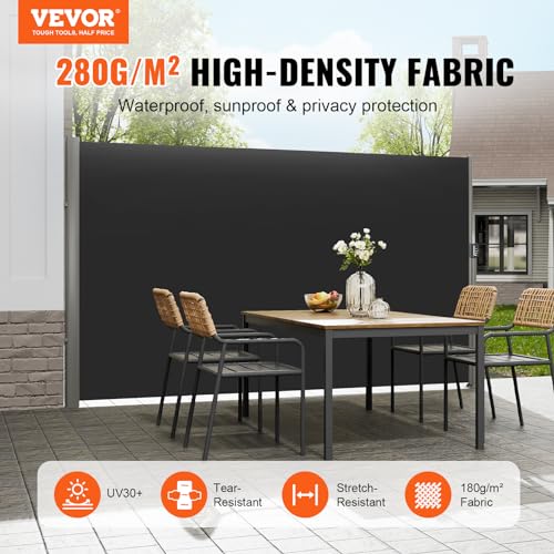 VEVOR Retractable Side Awning, UV 50 118" x 71" Retractable Patio Screen Waterproof, 280 g Thicken Folding Room Divider Wind Screen for Privacy, Garden, Outdoor, Patio and Terrace, Black - color: Black, size: 71''*118''