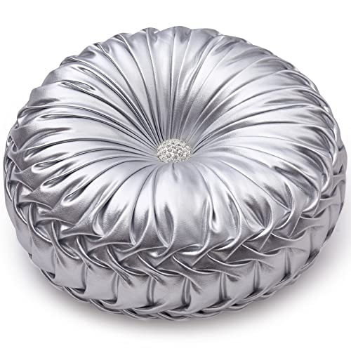 EUCIOR Round Throw Pillows,Pumpkin Pleated Handmade Metallic Throw Pillows,Silver Pillows,Modern Leather Decorative Pillowcases for Home Decor Bedroom Living Room Couch Bed Sofa (Silver) - color: Silver
