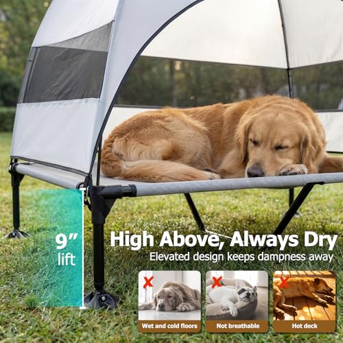 Elevated Dog Bed with UV-Proof Canopy, Outdoor Dog Tent with Powerful Adjustable Feet, Portable Pet Cot with Wider Shade, Raised Cooling Bed for Camping, Patio, Beach, Poolside - color: Gray, size: X-large: 50.0"l X 32.0"w X 42.5"th