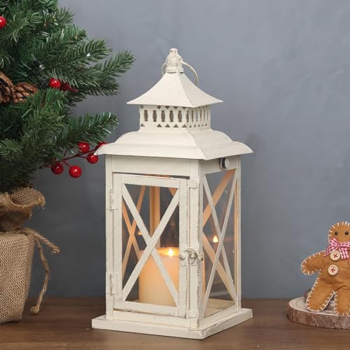Lantern Decorative Indoor & Outdoor,Large Square Hanging Spring Home Decor, Vintage Metal Decorative Candle Lanterns for Outdoor Patio Wedding Party Beige with Copper Brush - color: Beige / 14.8'' / 1 Pc