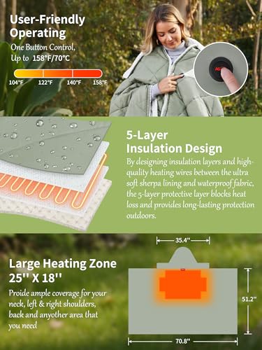 Heated Blanket Battery Operated, Portable Heat Shawl Throw,Heating Outdoor Camping Blanket Hoodie - color: Light Gray