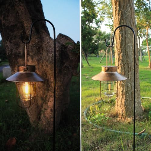2 Pack Solar Lanterns, Outdoor Hanging Lights Metal with Shepherd Hook Warm White Edison Bulb Design for Garden and Birthday Gifts for Mom Grandma Wife ( Copper) - color: Copper