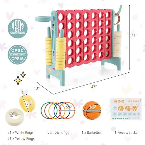 Costzon Giant 4-in-A-Row, Jumbo 4-to-Score Giant Game w/Basketball Hoop, Ring Toss, Quick-Release Slider, 42 Jumbo Rings, Indoor Outdoor Family Connect Game for Kids & Adults, Backyard Games - color: Red/Aqua