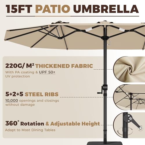 GDPFN 15FT Large Patio Umbrella with Base Included, Outdoor Deck Standing Umbrella with Crank Handle, Double-Side Rectangular Pool Umbrella for Outside, Market, Patio, Beige - color: Beige, size: With Base-no Led