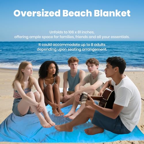 Oversized Sandproof Beach Blanket (106"x81"), Extra Large Beach Sheet for Up to 8 People. Sandfree Beach Mat, Big Sand Blankets with Sand Bags and Stakes. (Cyan Mountain) - color: Cyan Mountain, size: X-large (106" X 81" / 8'10" X 6'9")