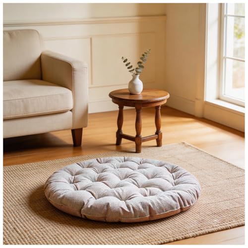 Large Linen Floor Cushions,Round Futon Pillows Japanese Style Tufted Floor Pillows Meditation Cushions for Seating On Pad for Yoga Sofa Balcony(Size:26x26inch,Color:Beige) - color: Beige, size: 65x65cm(26x26inch)