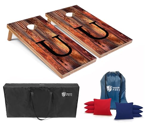 Tailgating Pros Monogrammed Red Cornhole Boards w/Ring Lights - 4'x2' Lightweight Cornhole Game- Includes LED Rings, Carrying Case, Set of 8 Corn Hole Bags & Tote - color: U