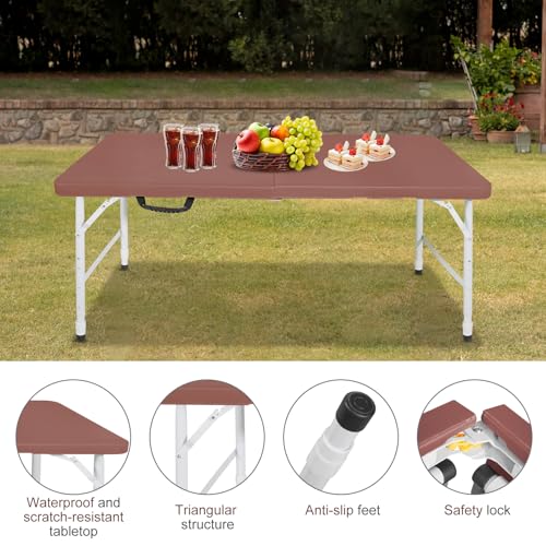 Portable 4Ft Folding Table, Heavy Duty Plastic Fold-in-Half Utility Foldable Table, Adjustable Height Plastic Folding Table with Carrying Handle for Camping &Party Indoor/Outdoor (Brown) - color: Brown, size: 4Ft