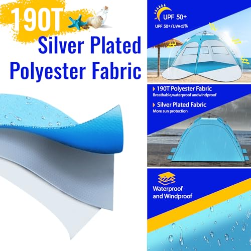 Beach Tent Sun Shelter – Pop Up Easy Setup in 3S Instant Tents for 4/5 Person Beach Umbrella Sun Shelter Shade, UV 50+ Protection, Wind Resistant, Lightweight Portable Baby Tents Shade for Family