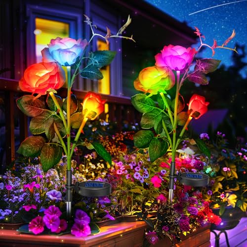 Anordsem Rose Lights Solar Powered for Women: Garden Light Waterproof for Yard Decorations Outdoor - Flower Lamp Colorful Lighting Cemetery Decor - Mother's Day Birthday Gifts for Mom Wife - color: Red, size: 2 pack (LED luminous color-changing)