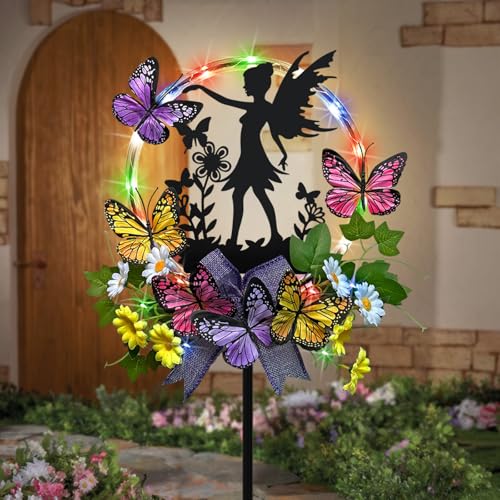 Solar Fairy Garden Decor, Silhouette Fairy with Butterflies Garden Stake,Waterproof for Outside,Walkway,Yard,Lawn,Patio - color: Black Fairy