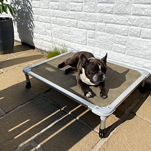 Veehoo Chew Proof Elevated Dog Bed - Cooling Raised Pet Cot - Silver Aluminum Frame and Durable Textilene Mesh Fabric, Unique Designed No-Slip Feet for Indoor or Outdoor Use, Beige Coffee, Medium - color: Beige Coffee, size: 32.0"L x 25.0"W x 7.0"Th