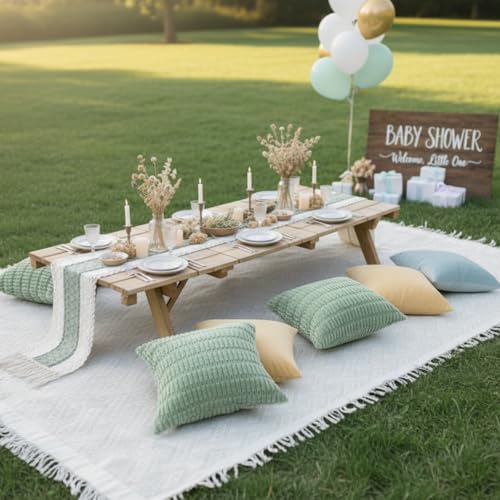 Beeveer Extra Large Outdoor Boho Picnic Blanket 91'' x 71'' Green Table Runner 6 Throw Pillow Cover Woven Cotton Yarn Oversize Beach Blanket Washable for Picnic Camp Wedding - color: Sage Green, size: Fit 4-6 People 91'' X 71''