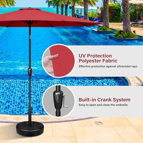 HealSmart 9' Outdoor Patio Umbrella, Market Table Umbrella with 8 Sturdy Ribs, Push Button Tilt and Crank for Garden, Yard, Pool, Red - color: Red, New, size: 9FT