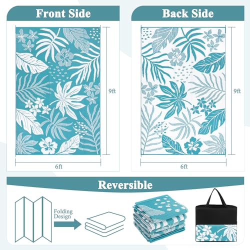 Pauwer Waterproof Outdoor Rug 6x9, Reversible Plastic Straw Patio Camping Rug, Indoor Outdoor RV Mat Carpet for Deck, Camper, Porch, Balcony, Backyard, Picnic, Floral Teal - color: Floral Teal, size: 6' x 9' (Rectangular)