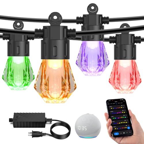 XMCOSY+ 96FT Smart Outdoor String Lights - RGBCWIC Dimmable Acrylic Bulbs, Color Changing LED Patio Lights APP WiFi Control, Compatible with Alexa, IP65 Waterproof Outdoor Lights for Backyard Porch - size: 96Ft-Acrylic Bulb